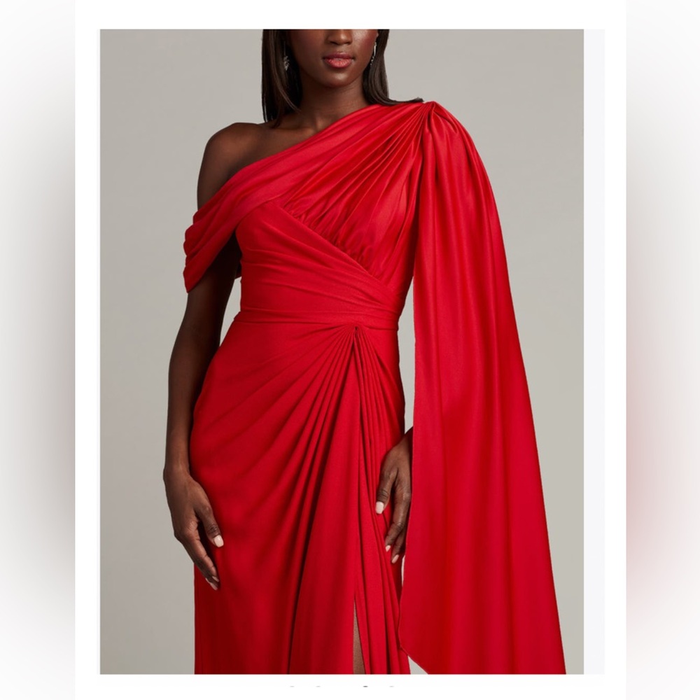 Tadashi Shoji One-Shoulder Red Draped Maxi Gown - Picture 2 of 9